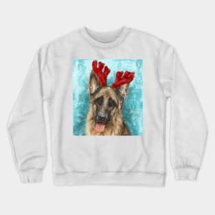 Painting of a German Shepherd With Red Reindeer Antlers Crewneck Sweatshirt